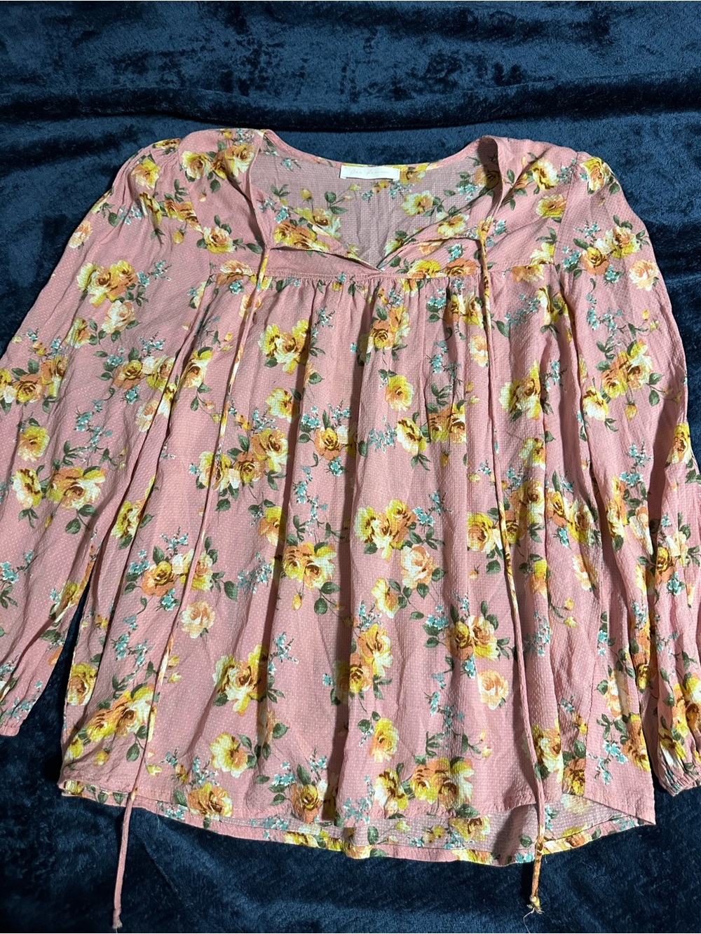 Ces Femme Pink Floral Peasant Blouse with Yellow Rose Print